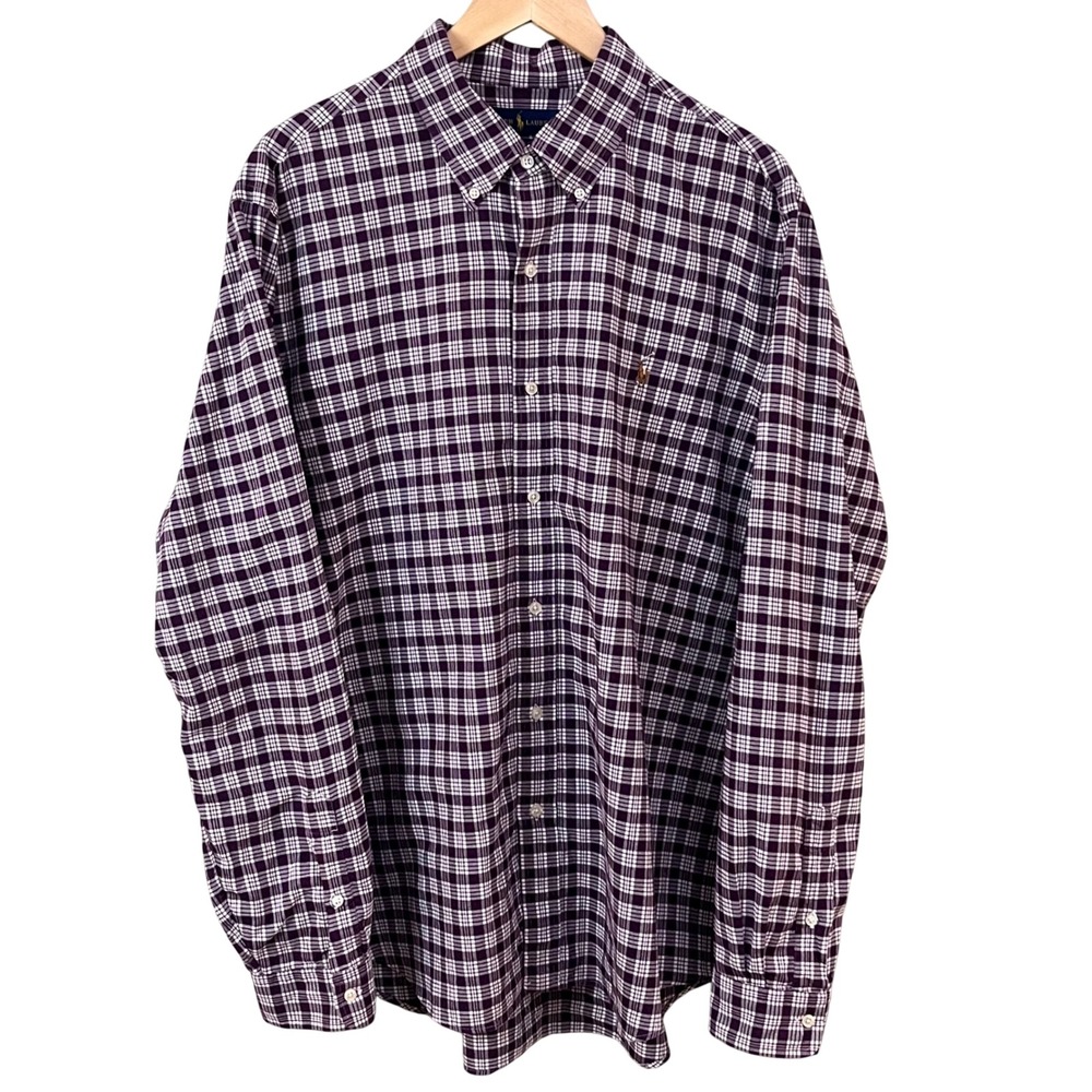 Ralph Lauren Classic Fit Purple White Check‎ Oxford Long Sleeve Pony Shirt XL